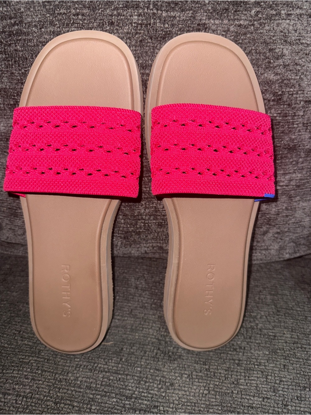 Rothy's Pink Knit Slide Sandals with Tan Footbed